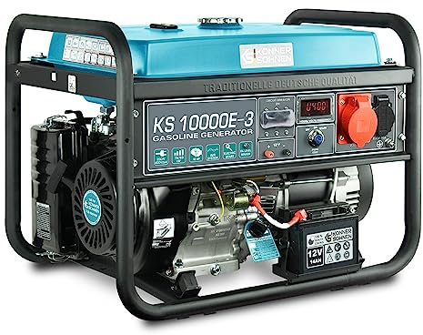 Groupe électrogène à essence KS 10000E-3 pour consommateurs du courant triphasé (400V), puissance maximale 8000 W, déma manuel/électrique, 1x16A (400V), 1x16A (230V), moteur EURO-V, affichage LED.