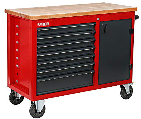 STIER Fahrbare Werkbank, mit 7 Schubladen und Tür, 925x1120x520 mm, in Dunkelgrau