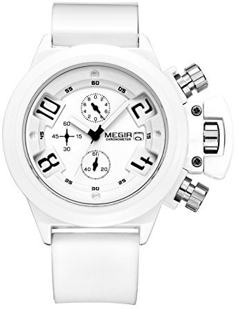 Megir Reloj deportivo para hombre, esfera negra, cronógrafo, esfera grande, reloj deportivo de cuarzo con correa de silicona negra, blanco, Correa