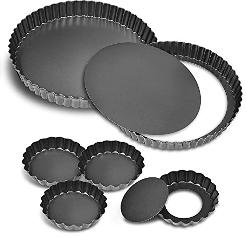 TORASO 9 Inch and 4 Inch Tart Pan with Removable Bottom, 2 PCS 9 Inch Quiche Pan and 4 PCS 4 Inch Pie Pan, Non-Stick Baking Pan (Set of 6)