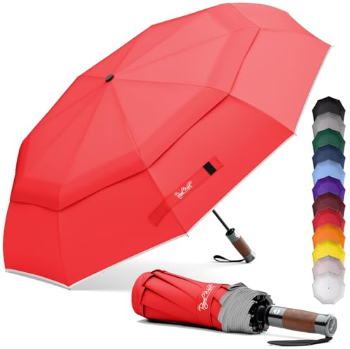 Royal Walk Parapluie de poche, résistant aux tempêtes, automatique, coupe-vent, double toit, petit et stable, réfléchissant, avec poignée en bois véritable de luxe, pour homme et femme, rouge, L,