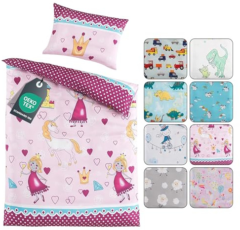 BaSaTex Kinder Baby Bettwäsche Set für Mädchen und Jungen | 100x135 cm + 40x60 cm | 100% Polyester Mikrofaser | Reißverschluss | Prinzessin - Einhorn – Herzen | rosa