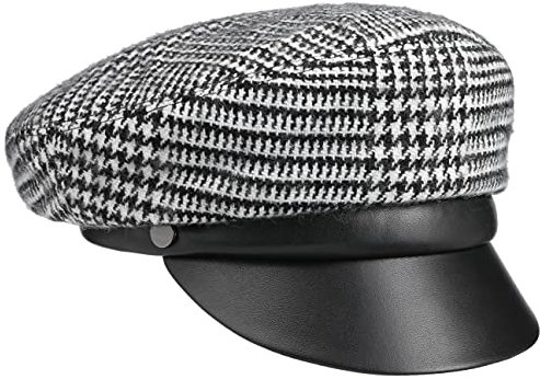 LIERYS Lovis Houndstooth Elbsegler Damen One Size (ca. 53-58 cm) - Made in EU - Schiffermütze gefüttert mit Fleece - Damencap mit Gummizug - Mit Kunstlederschirm - Herbst/Winter schwarz-weiß One Size
