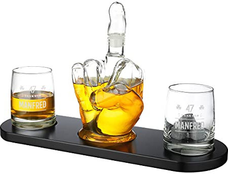 Whiske Karaffe 6-TLG Dekanter - 2x gravierte Whiskygläser, 1x Holztablett und 1x Karaffe - mit Kühlsteine Eiswürfel - verschlussicherer Glasstopfen - Geschenkidee Papa, Opa, Mann - Motiv Kleeblatt