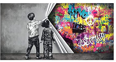 YONGAO Banksy hinter dem Vorhang Graffiti-Gemälde-Druck auf Leinwand. Leinwand Wandkunst Bild für Wohnzimmer Wohnkultur 80x160cm (32x64in) Rahmenlos