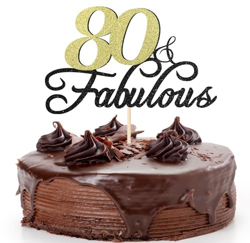Sotpot 1 pack 80 Fabulous Birthday Cake Topper Black Gold Glitter for 80th Happy Birthday Anniversary Wedding Party Decoration Supplies