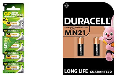 GP Super 23A 12V High Voltage Alkaline Battery (Pack of 5) & Duracell Alkaline MN21 Battery 12 V, Pack of 2 (A23/23A/V23GA/LRV08/8LR932)