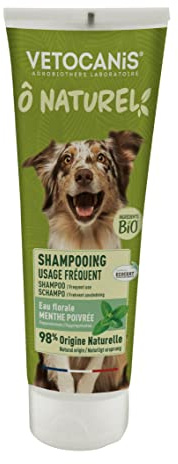 VETOCANIS Ô Naturel – Hundeshampoo für den täglichen & veganen Gebrauch mit Duft für Blütenwasser aus Pfefferminze Bio enthält 98% Inhaltsstoffe natürlichen Ursprungs 250 ml, BIO000642, Grün