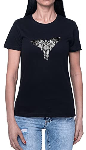 Hopestly Lottatore Grande Maschio con Ali Maglietta da Donna a Maniche Corte Casual Leggera Girocollo Nero Women's Tshirt Black Crew Neck 3XL