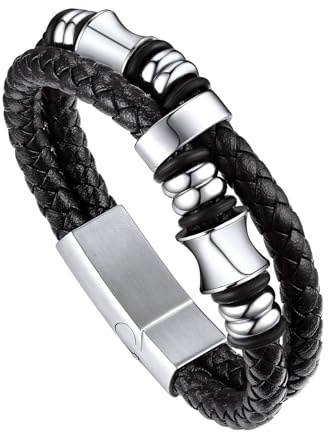 Bandmax Lederarmband Männer Armband Leder mit Magnetverschluss | Wikinger Armband Herren Wasserfest, Geschenk für Vater/Ehemann/Freund, Silber/Schwarz/Gold, Länge 19/21/23/25cm