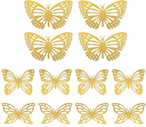 ALLY-MAGIC 3D Butterfly Cupcake Toppers 12 Pcs Butterfly Cake Decorations Mixed Size Gold Hollow Cake Toppers for Birthday Wedding Party Wall Decoration Y4-FZHDZS ((D-Gold)