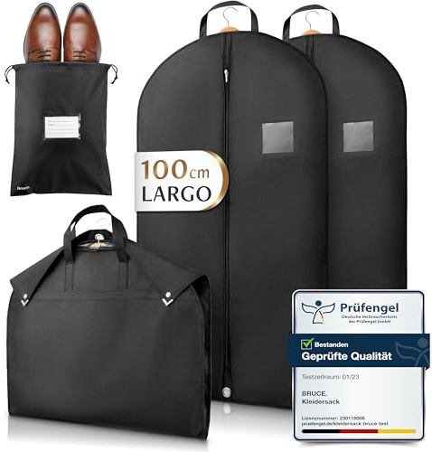 Bruce.® 2x Borsa Porta Abiti da Viaggio 100 x 60cm inkl 1x Sacchetto per Scarpe, Custodia Abiti con Cerniera Antitarme, Copriabiti da Armadio Antipolvere 120 GSM, Porta Abito da Viaggio - Nero