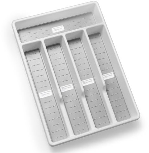 Joequality Silverware Organizer with Icons，Plastic Cutlery silverware Tray for Drawer，Utensil Flatware Tableware Organizer for Kitchen with Non-slip TPR,Fits Standard Drawer,5-Compartment，Grey