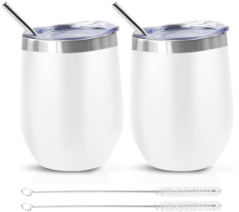 Weinbecher Edelstahl 2 Stück, 12oz Doppelwandig Weinbecher mit Deckel | Weinbecher to go, Vakuumisolierte Reisekaffeetasse für Kaffee, Wein, Bier, Champagner