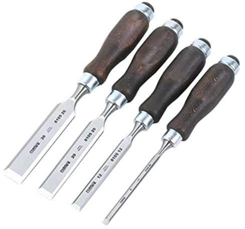 4-teiliges Holzmeißel-Set, Holzschnitzmeißel mit abgeschrägter Kante, Chrom-Vanadium-Hammerende, Hartholzgriff für Holzhandwerk, Heimwerker-Holzbearbeitung