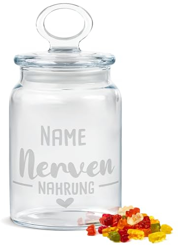 Print Royal PR Personalisierte Keksdose aus Glas mit Gravur - 800 ml - Nervennahrung mit Name selbst gestalten als Geschenk zum Geburtstag oder Weihnachten | Personalisiertes Geschenk