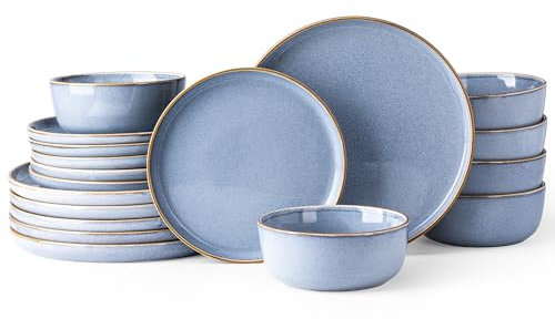 GBHOME Ceramic Dinnerware Sets for 6, 18 Pieces Stoneware Plates and Bowls Sets, Scratch Resistant Dish Sets for Dinner, Dishwasher & Microwave Safe, Brunnera Blue