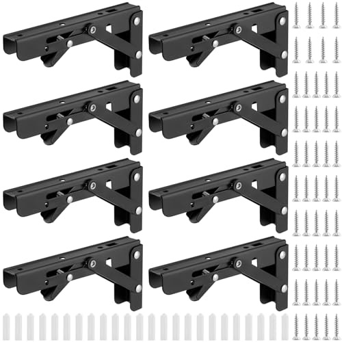 ZEONHAK 8 Stück 15,2 cm Wandmontierte, faltbare Regalhalterungen, strapazierfähig, schwarz, Metall, zusammenklappbare L-Halterungen für Regale, kleines Dreieck, zusammenklappbare Halterung für