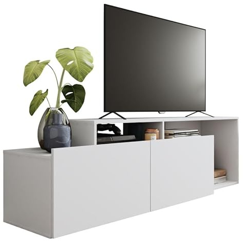 Meuble TV 50 Pouces 2 Abattants Blanc 6 Niches L 164 H 46.5 P 37.5 cm