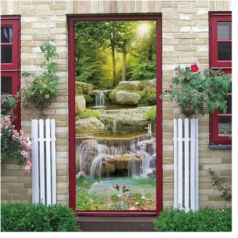 Türaufkleber Türtapete Türbilder Türposter 3D-Fantasiewald-Türaufkleber, Grüner Wald, Bach, Pilz, Aufkleber, Magische Welt, Wandbild, Tapete, Poster, Wohnzimmer, Schlafzimmer(Farbe:K,Größe:90x200cm)