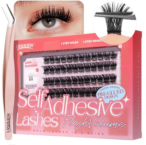 LASHVIEW Self Adhesive Lash Clusters Eyelashes,Press-on Lashes 10-16mm Individual Lash Extension Kit with Lash Tweezers,No Glue Needed Natural Self Adhesive DIY Eyelash Extension Kit 60pcs (Z03)