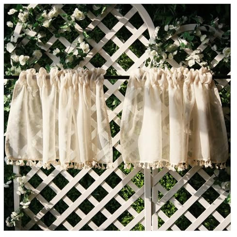 Scheibengardinen Vintage Leinen Fenster Vorhänge Quasten Sheer Creme Beige Tier Vorhänge Cafe Küche Net Kurze Vorhänge Panele Rod Pocket Valance(2 Panel,100x40CM)