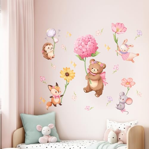 Decvictor Wandtattoo Rosa Cartoon Tier Wandaufkleber Bär Eichhörnchen Kaninchen Blumen haltend Fliegend Wandsticker Kinderzimmer Babyzimmer Mädchenzimmer Wanddeko