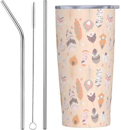 Taza Termica Acero Inoxidable 20Oz, Plumas De Bohemia Acero Inox Vaso Termico Personalizada Taza Termo Café Reutilizable Taza De Automóvil, Para Oficina, Agua Y Té