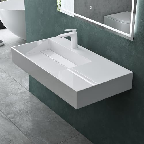 Mai & Mai Lavabo Rectangulaire Posé Suspendu 90x48x13cm sans Trop-Plein | Vasque Lavabo, Perçage Robinet, Solid Surface, pour Salle de Bains Moderne, Colossum12-900 L