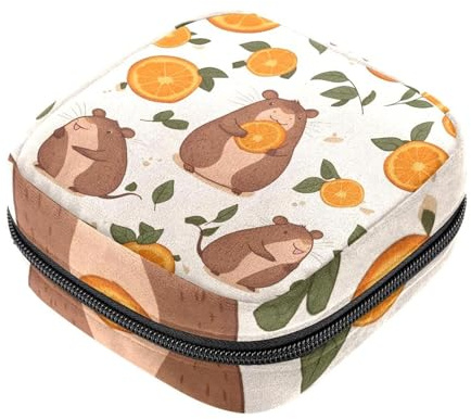 Borsa per assorbenti igienici, borsa portatile per coppette mestruali, motivo capibara con arancioni, borsa per il primo ciclo mestruale per ragazze e donne, borsa imbottita con cerniera