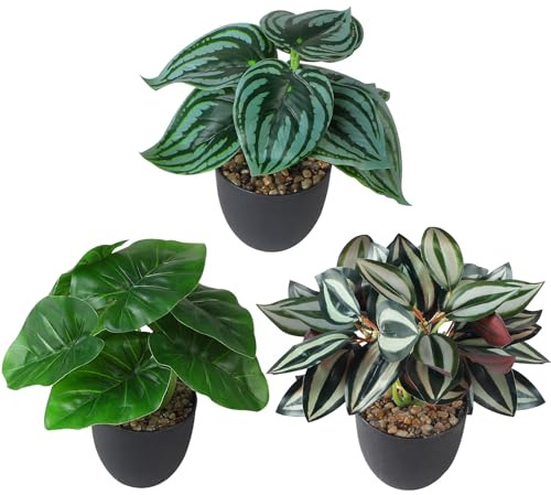 MIGUBIGU Set de 3 Piezas Plantas Artificiales Decorativas Pequeñas con Maceta Negra 24 x 20 cm, Fake Plants, Planta Artificial Exterior Interior, Decoración de Baños, Cocinas, Oficinas