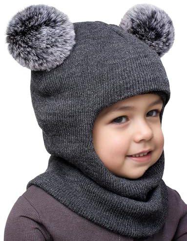 Maeau Mütze Winter Beanie für Kinder Mädchen Jungen 6 Monate-10 Jahre Baby Wintermütze Schlupfmütze Gestrickt mit 2 Bommel Kleinkind 2 in 1 Sturmhaube und Loop Schal Schalmütze Strickmütze Herbst