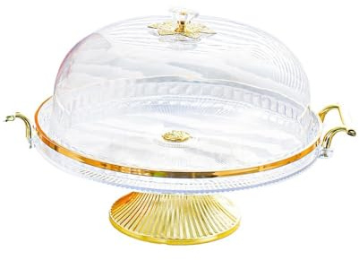 Soporte de cristal para tartas con cubierta de cúpula, transparente con borde dorado, plato de servir de pedestal, 31,5 x 21,5 x 11,5 cm (color transparente)