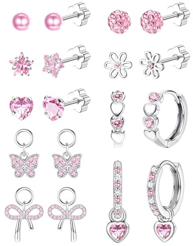 Ohrringe für Mädchen Damen - Hypoallergen Ohrringe Chirurgenstahl Kinder Silber Medizinische Ohrstecker Rosa Kinderohrringe Blume Stern Herz Sleepers Ohrring Set Mehrfarbige Knorpel Piercing Ohr