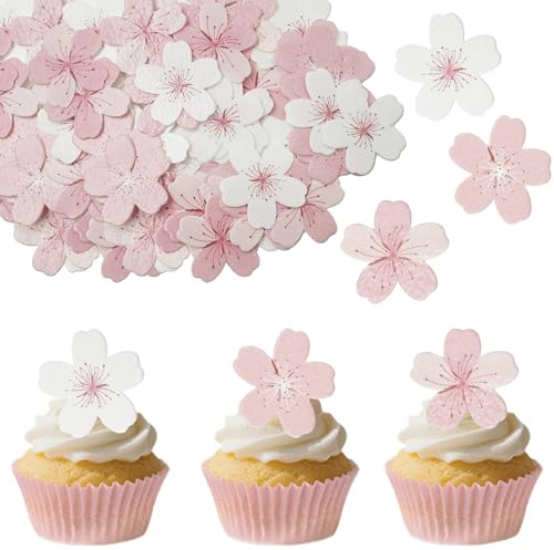 HSC 60 Pack Edible Flowers for Cakes Cherry Blossom Toppers Edible Cake Decorations Rice Wafer Paper Cake Picks for Bridal Baby Shower Kids Birthday Pink