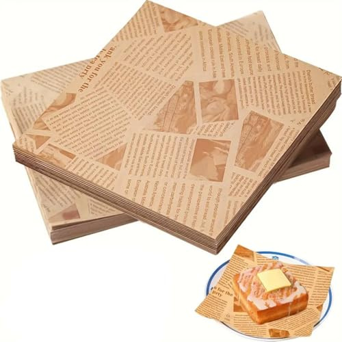 250 Pcs Greaseproof Paper Sheets - 7 x 7 Inch Food Parchments, Baking Wrapping Sheets, Old Newspaper Style Grease Proof Wrap Parchments for Food Basket & Plate Bread Sandwich Pizza and French Fries