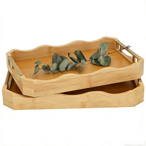 Decorative Bamboo Serving Tray Set with Gold Metal Handles, 2 Pack Ottoman Coffee Table Trays, 14.5x9.8 and 15.75x11 Inches (Bamboo Color)