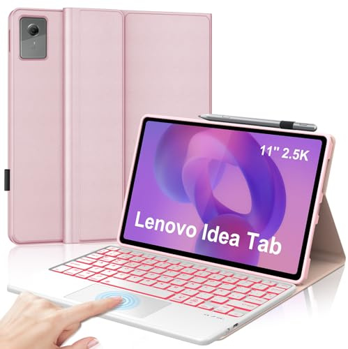 IVEOPPE Funda con Teclado para Lenovo Idea Tab 11 2025, Touchpad QWERTY Español Ñ, Retroiluminado de 7 Colores Bluetooth Magnéticamente Teclado para Lenovo Idea Tab 11 TB-336ZU TB-336FU, Rosa
