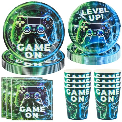 Hmfmdy Video Game - Lot de 50 pièces de vaisselle pour fête - Décoration de fête - Couverts d'anniversaire - Avec assiettes en carton, gobelets et serviettes - Décoration d'anniversaire pour garçon
