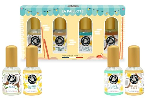 Coffret Cadeau Les Petits Plaisirs – La Paillote – 4 Eaux de toilette exotiques 30ml – Coco, Vanille Monoï, Fleur de Tiaré & Monoï Coco – Fabriqué en France
