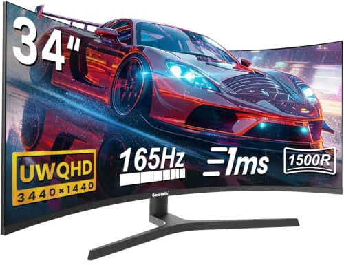Gawfolk Monitor Curvo para Juegos 34 Pulgadas, 165 Hz, 1500R, Ultrawide, PC UWQHD, 3440 x 1440P, Altura Regulable, Pantalla de Ordenador Curvada, VA, Displayport, HDMI, VESA 75 x 75 mm