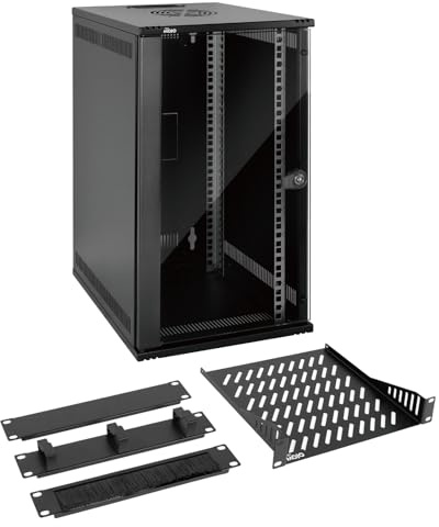 Tecmojo 10 tum 330 mm djup väggmontering, nätverksskåp, nätverksskåp med rackhylla, borstpaneler, kabelorganisatör för 10-tums AV/IT/NAS-enheter, 50 kg lastkapacitet (svart, 12U svart)