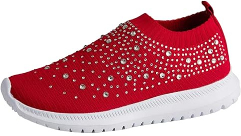 Damsneakers svarta glitter paljetter strass – blå halvskor damer eleganta inomhusskor stretch sneakers lätta fritidsskor luftiga damskor eleganta komfortskor promenadskor, röd, 41 EU