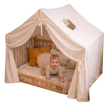 Bebek On For Montessori Beistellbett Baby aus Buchenholz | Babywiege mit offener Seite & Stoffzelt inklusive | Skandinavisches Holz Babybett mit Geschenk-Matratze, kompatibel mit 120 x 60 cm