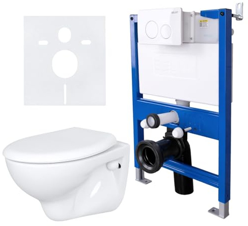 Belvit Inodoro de pared completo con elemento de pared de 75 – 82 cm, sin borde de lavado, inodoro colgante con asiento de cierre suave, cisterna empotrada, placa de pulsador, juego de inodoro para