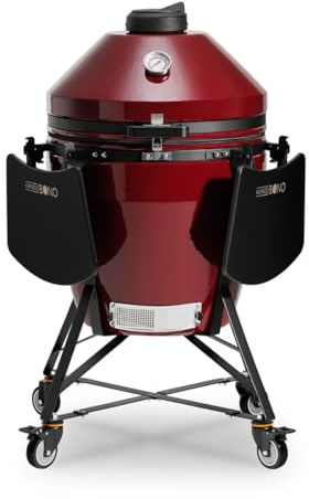 Kamado Bono EVO Grande 64 cm Keramikgrill Royal Red – Extra großer Kamado Grill Ø52 cm Grillfläche, 3-Ebenen GrillMax System, mit Wagen, Seitentischen & Zubehör