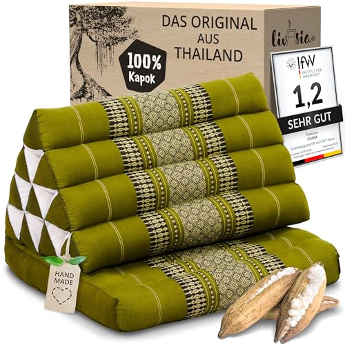 livasia Thaikissen mit 1 Auflage - 75x50x8cm - Dreieckskissen mit Sitzkissen, Keilkissen mit Kapok, Rückenkissen faltbar, Thaimatte zum Klappen, handgefertigt, Meditationskissen (Grün)