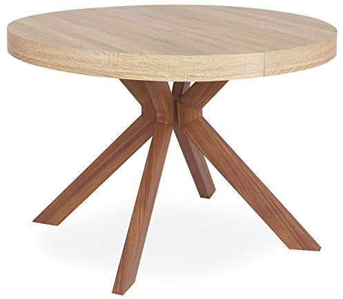 Menzzo Table Ronde Extensible MYRIADE Bois Sonoma – 110 à 260 cm – Table Salle à Manger 10 Personnes avec 3 Rallonges – Design Vintage Pied Central Métal Effet Bois