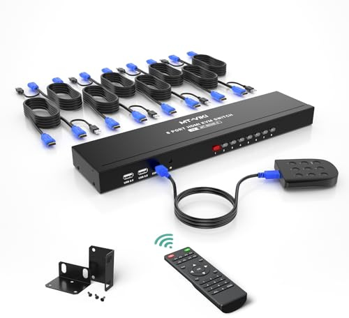 MT-VIKI 8 Port KVM Switch HDMI, 4K@30Hz 1U Rack Mount KVM Switch w/IR Remote & Wire-Desktop Controller & 8 HDMI KVM Cables & Rack Ears & Power Adapter