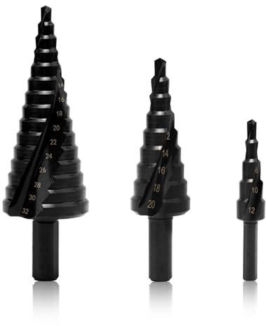 Stufenbohrer Set 3PCS,Spiralnut Stufenbohrer Set HSS Edelstahl Spiralnut Bithalter Schälbohrer Konusbohrer Metallbohrer Bohrer Satz 4-12mm/4-20mm/4-32mm